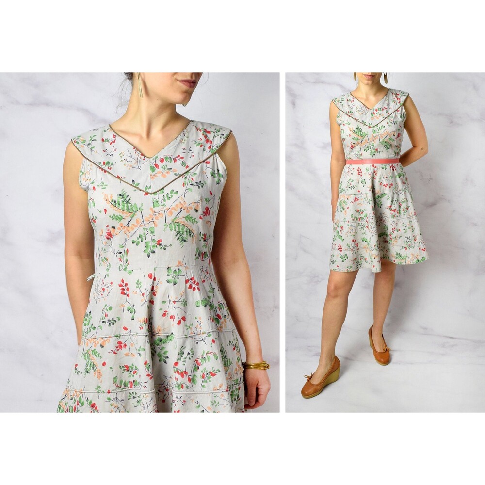 1950s Novelty Print Dress Size Medium 50s Ferns Leaves Print Cotton Day Dress